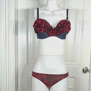 Versatile Fashions Red Sequin Ruffle Burlesque Set Vintage 90s